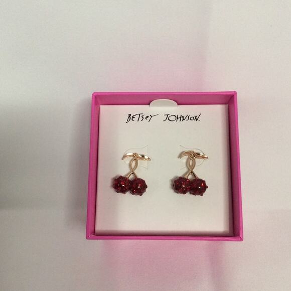 NIB BETSEY JOHNSON GOLD TONE RED CHERRY STUD EARRINGS - Picture 1 of 6